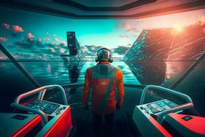 Schiff Kapitän auf ein modern futuristisch Boot Transport beim Meer. neural Netzwerk generiert Kunst foto