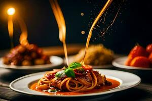 Spaghetti mit Soße und Fleisch auf ein Platte. KI-generiert foto