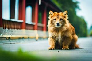 ein Hund Sitzung auf das Bürgersteig in der Nähe von ein Brücke. KI-generiert foto