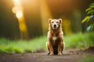 ein Hund Sitzung auf das Boden im das Wald. KI-generiert foto