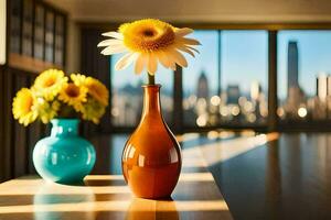 Sonnenblumen im ein Vase auf ein Tabelle mit ein Stadt Sicht. KI-generiert foto