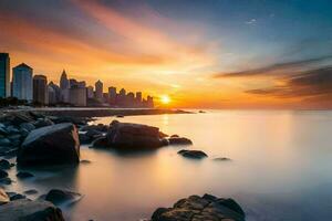 das Sonne setzt Über das Stadt Horizont im Dubai. KI-generiert foto