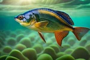 ein Fisch Schwimmen im das Ozean mit Algen. KI-generiert foto