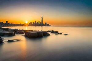 das Sonne setzt Über das Stadt Horizont im diese Foto. KI-generiert foto