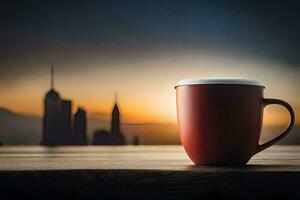 ein Kaffee Tasse sitzt auf ein Tabelle mit Blick auf ein Stadt Horizont. KI-generiert foto