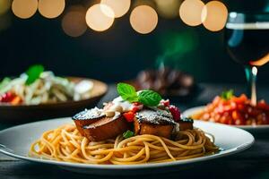 ein Teller von Spaghetti mit Fleisch und Soße auf ein Tisch. KI-generiert foto