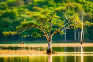 ein einsam Baum steht im das Mitte von ein See. KI-generiert foto