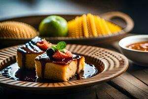 ein Dessert auf ein Teller mit ein Schüssel von Frucht. KI-generiert foto