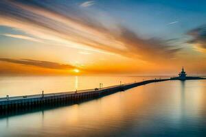 ein lange Exposition fotografieren von ein Seebrücke beim Sonnenuntergang. KI-generiert foto