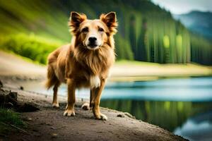 ein Hund Stehen auf das Seite von ein Berg in der Nähe von ein See. KI-generiert foto