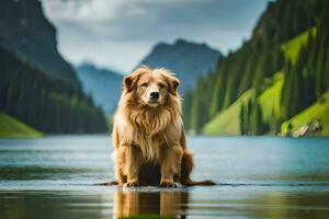 ein golden Retriever Sitzung auf das Kante von ein See. KI-generiert foto