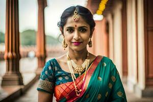 ein schön indisch Frau im ein traditionell Sari. KI-generiert foto
