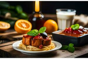 Spaghetti mit Tomate Soße und Fleischklößchen auf ein Platte. KI-generiert foto