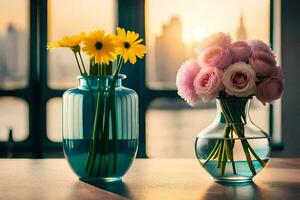 zwei Vasen mit Blumen auf ein Tabelle im Vorderseite von ein Fenster. KI-generiert foto