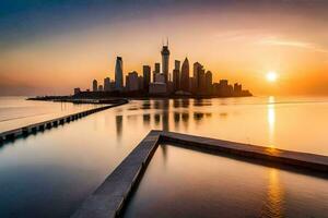 das Sonne setzt Über das Stadt Horizont im Dubai. KI-generiert foto