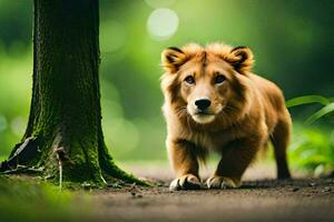 ein Löwe Gehen im das Wald. KI-generiert foto