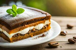 ein Scheibe von Kuchen auf ein Teller mit Kaffee Bohnen. KI-generiert foto