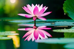 ein Rosa Lotus Blume ist reflektiert im das Wasser. KI-generiert foto