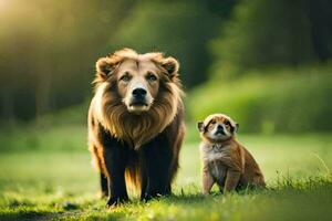 ein Löwe und ein Hündchen Stehen im das Gras. KI-generiert foto