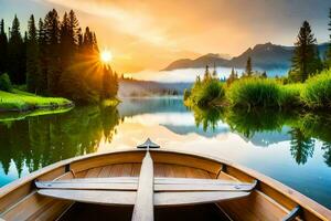 das Boot ist auf das See beim Sonnenuntergang. KI-generiert foto