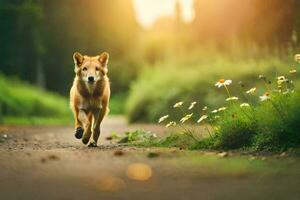 ein Hund Laufen auf ein Pfad im das Wald. KI-generiert foto