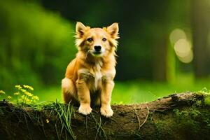 ein Hündchen Sitzung auf ein Log im das Gras. KI-generiert foto