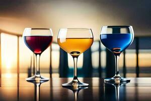drei Wein Brille mit anders farbig Flüssigkeiten. KI-generiert foto
