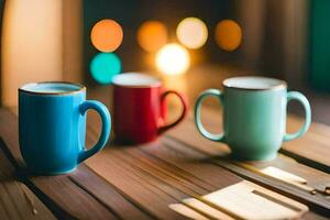 drei bunt Kaffee Tassen sitzen auf ein hölzern Tisch. KI-generiert foto