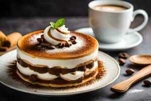 Schokolade Kuchen mit ausgepeitscht Sahne und Kaffee auf ein dunkel Tisch. KI-generiert foto