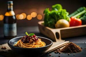 Spaghetti mit Cranberry Soße und Gemüse auf ein hölzern Tisch. KI-generiert foto