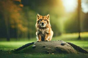 Foto Hintergrund das Hund, Natur, Bäume, Gras, Wald, Hund, Tier, Tier,. KI-generiert