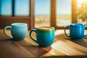 drei Kaffee Tassen auf ein hölzern Tisch. KI-generiert foto