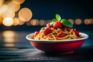 Spaghetti mit Erdbeeren und Basilikum auf ein hölzern Tisch. KI-generiert foto