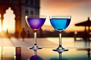 zwei Wein Brille mit Blau und lila flüssig. KI-generiert foto