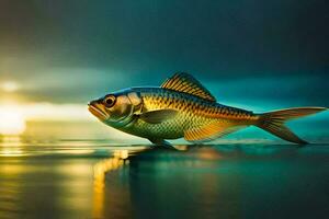 ein Fisch ist Schwimmen im das Ozean beim Sonnenuntergang. KI-generiert foto