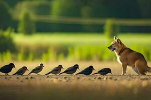 ein Hund und Vögel im ein Feld. KI-generiert foto