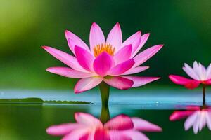 zwei Rosa Lotus Blumen sind reflektiert im das Wasser. KI-generiert foto