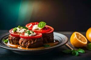 ein Teller mit Fleisch, Tomaten und Käse. KI-generiert foto