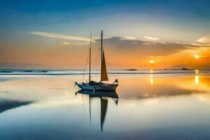ein Segelboot auf das Strand beim Sonnenuntergang. KI-generiert foto