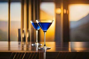 zwei Blau Martinis auf ein Tabelle im Vorderseite von ein Fenster. KI-generiert foto