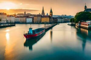 ein Boot ist angedockt im das Wasser beim Sonnenuntergang. KI-generiert foto