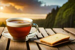 ein Tasse von Tee und ein Scheibe von Brot auf ein hölzern Tisch. KI-generiert foto