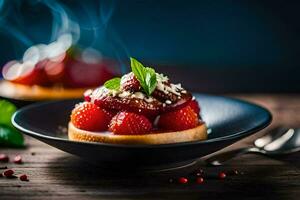 ein Dessert mit Erdbeeren und Minze auf ein Platte. KI-generiert foto