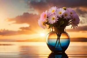 Blumen im ein Vase auf das Strand. KI-generiert foto