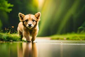 Foto Hintergrund das Hund, Welpe, Wasser, Wald, Grün, Welpe, Wasser, Welpe,. KI-generiert