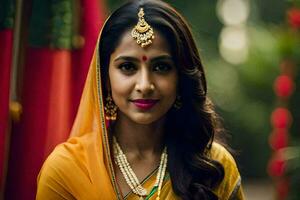 ein indisch Frau im ein Gelb Sari. KI-generiert foto