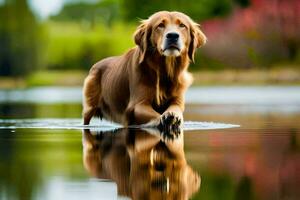 ein golden Retriever ist Gehen durch Wasser. KI-generiert foto