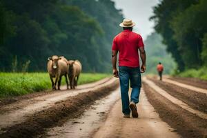 ein Mann Gehen Nieder ein Schmutz Straße mit Kühe. KI-generiert foto