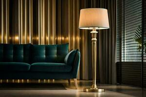ein Gold Lampe steht im Vorderseite von ein Couch. KI-generiert foto