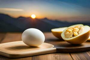 ein Ei und ein Hälfte von ein Papaya auf ein Schneiden Tafel. KI-generiert foto